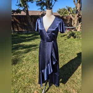 Nicole Miller Dress‎ Womens Medium Navy Satin Maxi Wrap Zip Ruffle missing belt